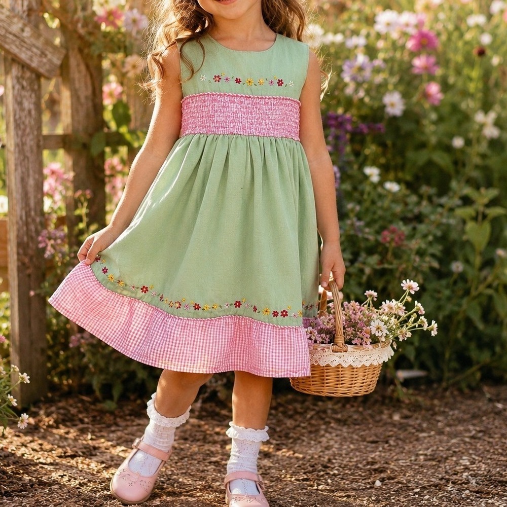BT Kids Green Floral Embroidered Smocked Dress Pink Gingham Size 4 Linen Blend